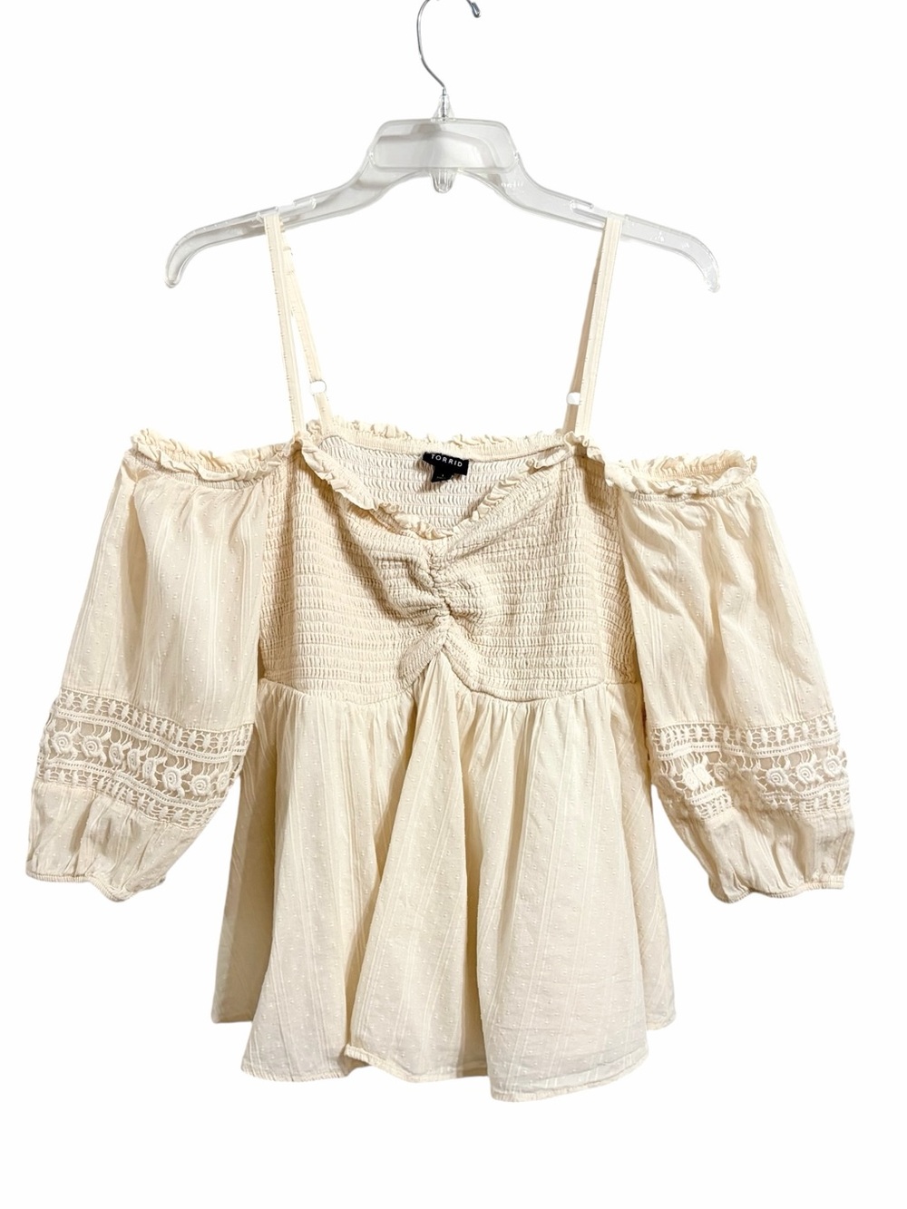 Torrid Boho Smocked Babydoll Top Womens 1X Cream Crochet Lace Off The Shoulder
